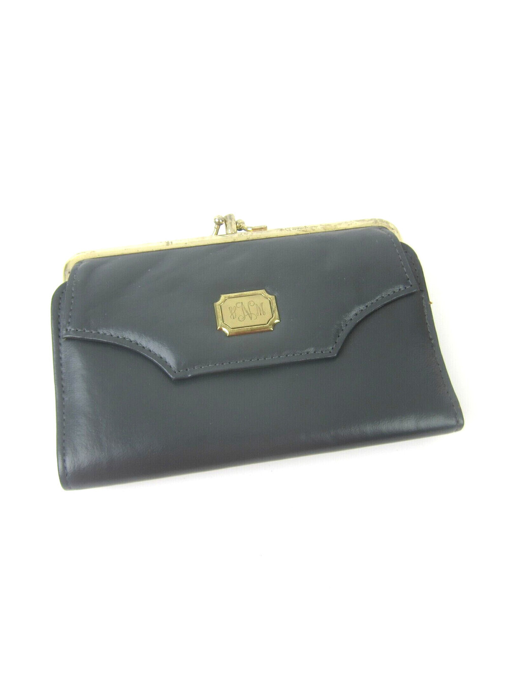 Vintage Leather Clutch Wallet Gray & Gold Kiss Lock Monogram VMN Ambassador Intl